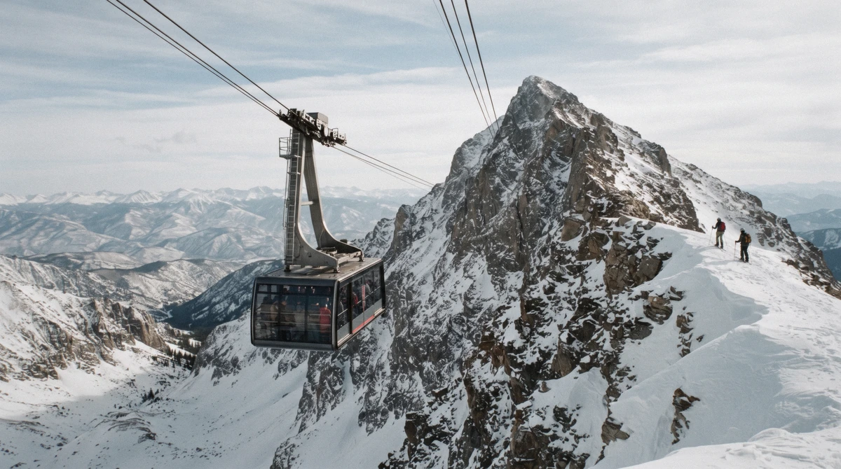 The Lone Peak Tram climbing to the 11,166 ft summit above Big Sky, Montana