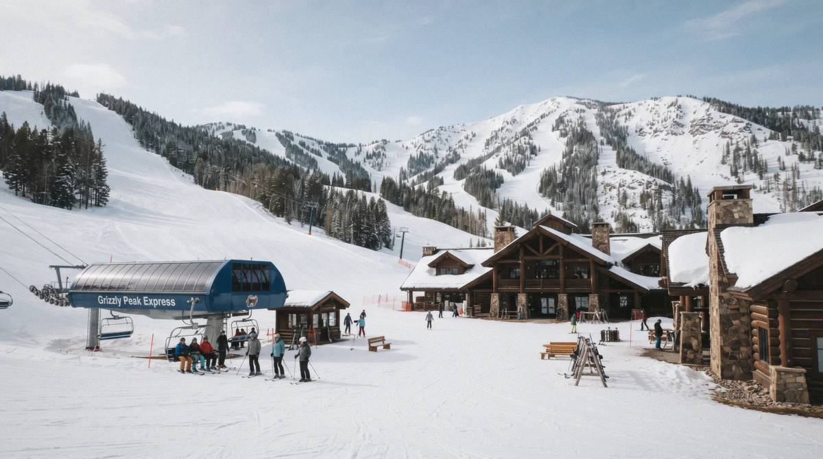 The Mountain Village base plaza at Big Sky, Montana, where four ski-in ski-out hotels stand on one snowfront