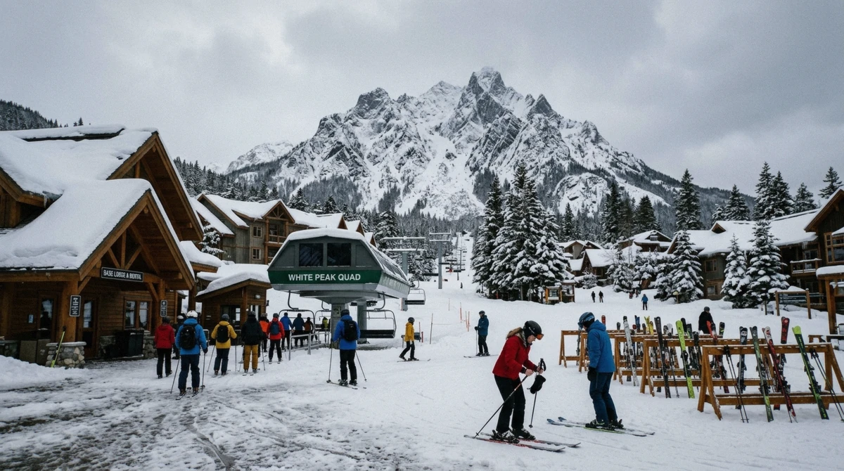 The base village at Mt. Crested Butte, Colorado, where the ski-in ski-out lodging sits at the foot of the Silver Queen and Red Lady lifts