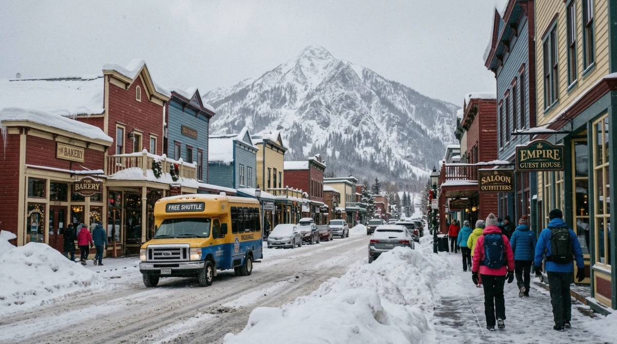 Elk Avenue in the historic Town of Crested Butte, Colorado, three miles from the ski-in ski-out lodging at the base village