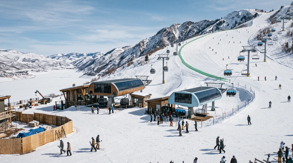 The new East Village gondola base beside the Jordanelle side of Deer Valley, Utah, near the Grand Hyatt