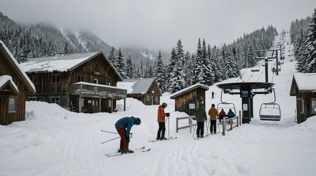 The base plaza at Fernie Alpine Resort below the Lizard Range, British Columbia, where the ski-in ski-out lodging sits at the bottom of the Elk Quad and Deer Chair