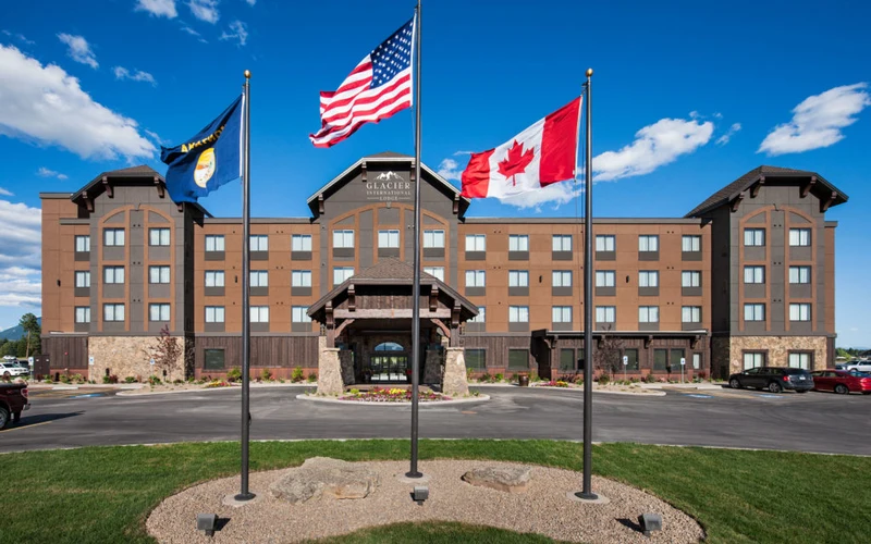 Glacier International Lodge beside the airport in Kalispell, Montana, a drive from the ski-in ski-out lodging at Whitefish Mountain Resort
