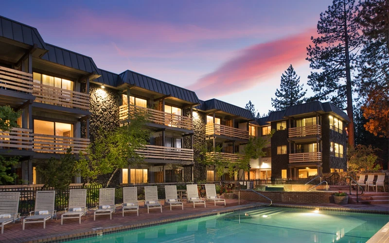 Hotel Azure Tahoe across the road from the lakeshore in South Lake Tahoe, the farthest property in this ski-in ski-out hotels comparison for Lake Tahoe, California