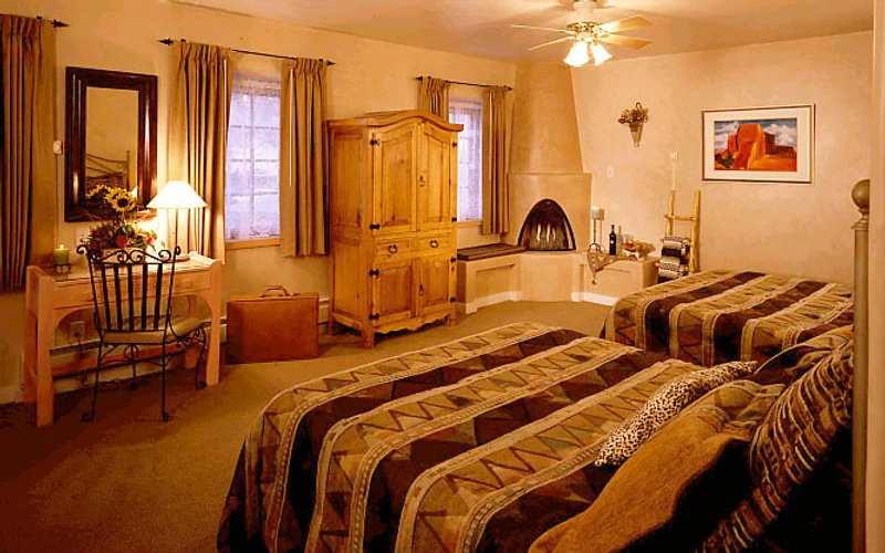 Hotel La Fonda de Taos on the south side of Taos Plaza, a canyon drive from the ski-in ski-out lodging at Taos Ski Valley, New Mexico