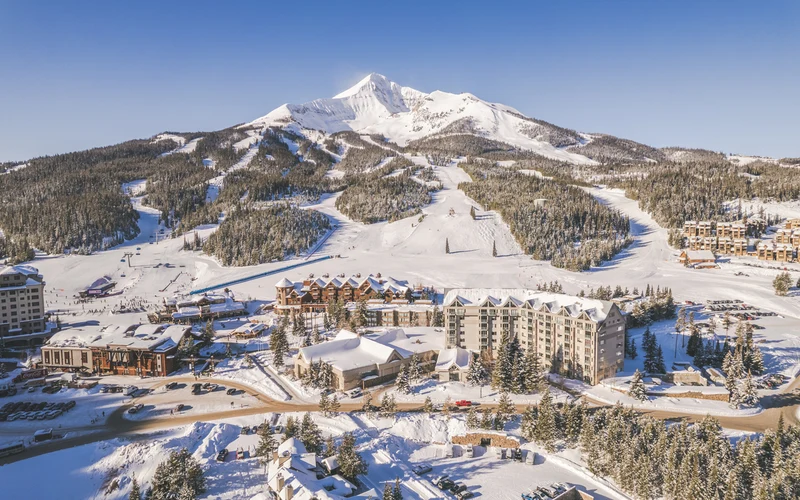 Huntley Lodge at the Mountain Village base at Big Sky, Montana, a slopeside hotel by the Explorer Gondola