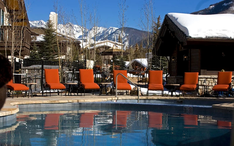 The Lodge Tower building steps from Gondola One in Vail Village, Colorado