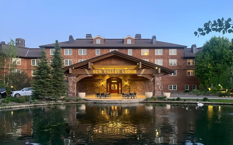 The 1936 Sun Valley Lodge and its outdoor ice rink in Sun Valley Village, Idaho, the best-known hotel in any Sun Valley ski-in ski-out lodging search
