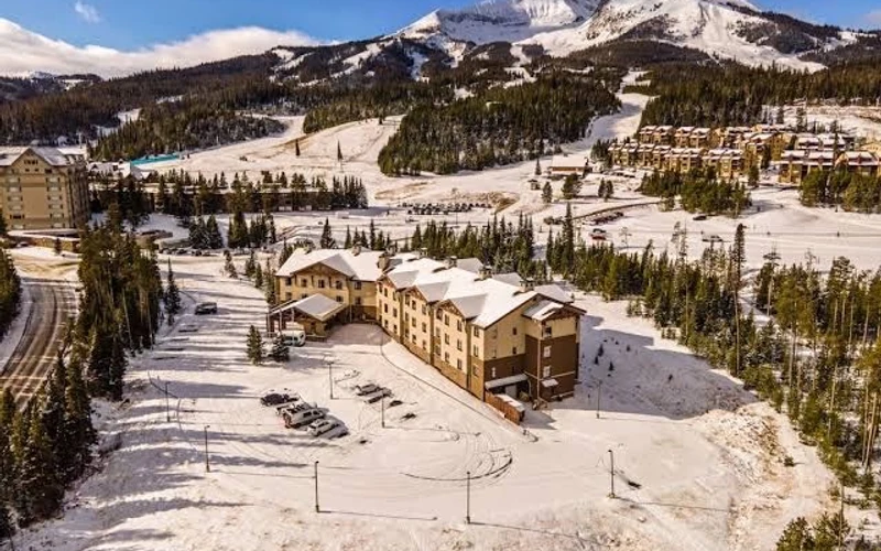 The Lodge at Big Sky about a mile below Mountain Village, Montana, with a shuttle to the lifts