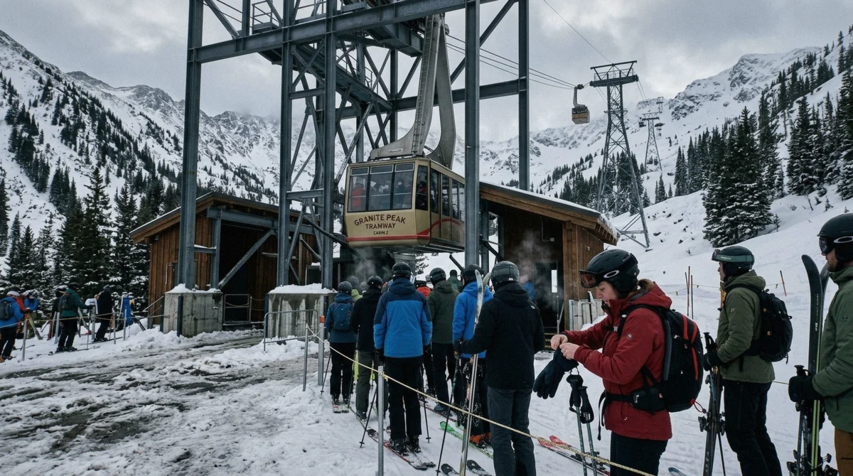The Jackson Hole Aerial Tram climbing from Teton Village to Rendezvous Mountain above the ski-in ski-out hotels in Wyoming