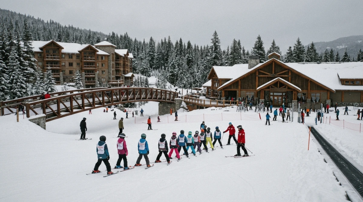 The Snowshed base at Killington, Vermont, the beginner hill and ski school reached by the ski bridge from the ski-in ski-out lodging at the Killington Grand