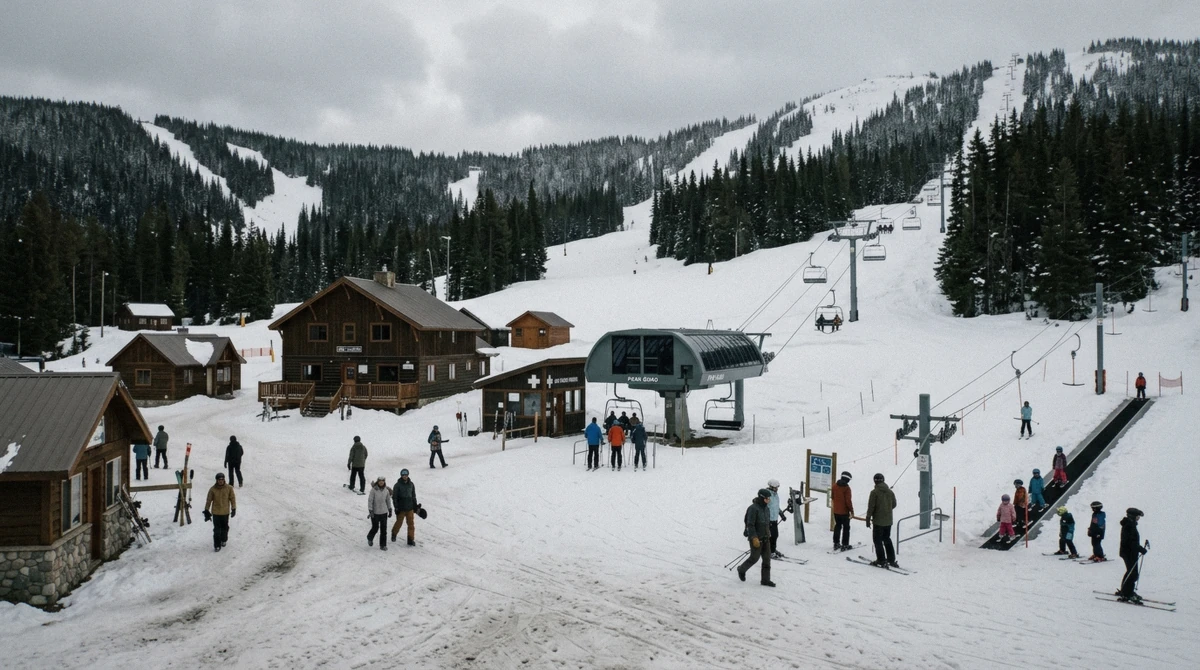The base village at Kimberley Alpine Resort at the bottom of the Main run, British Columbia, where the ski-in ski-out lodging sits around the North Star Express quad