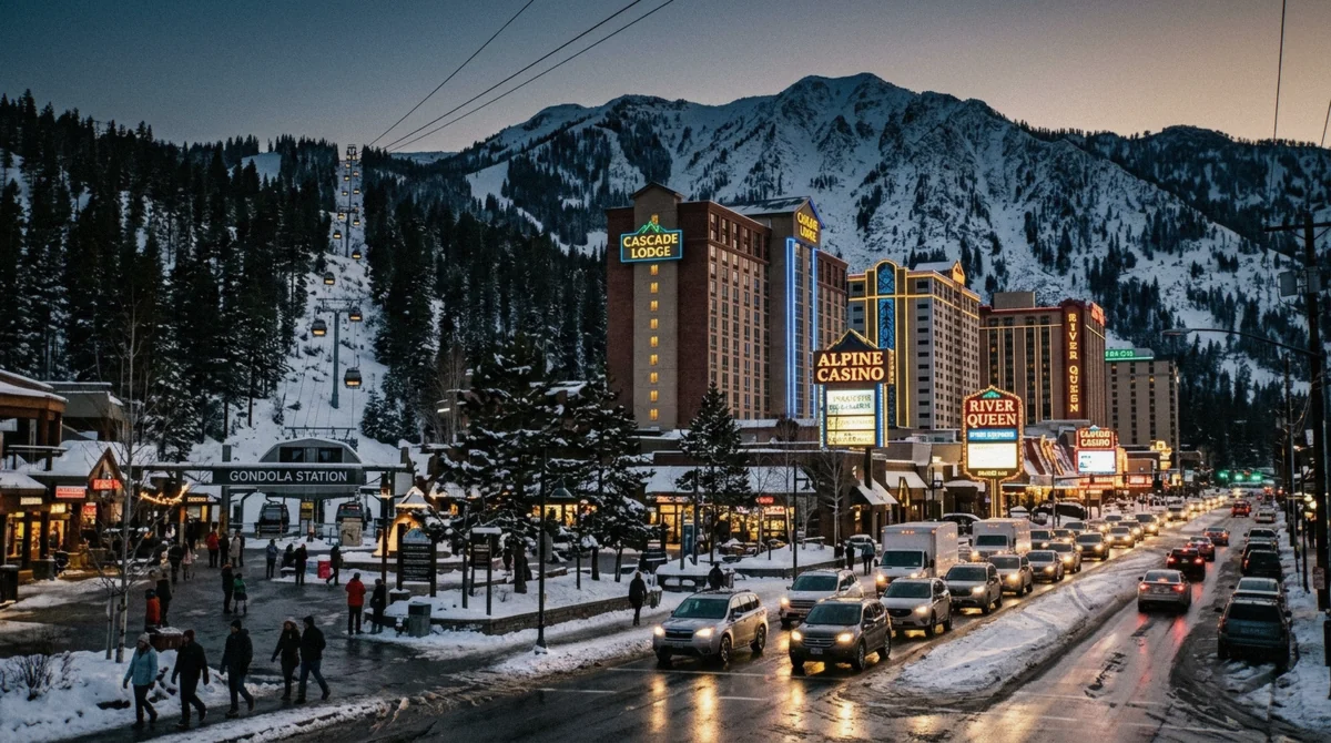 The Heavenly gondola base and casino towers at Stateline, where the search for ski-in ski-out hotels in Lake Tahoe, Nevada actually lands