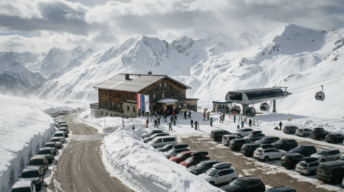Main Lodge at 8,900 feet at the top of Minaret Road, the summit base for ski-in ski-out lodging at Mammoth Mountain, California