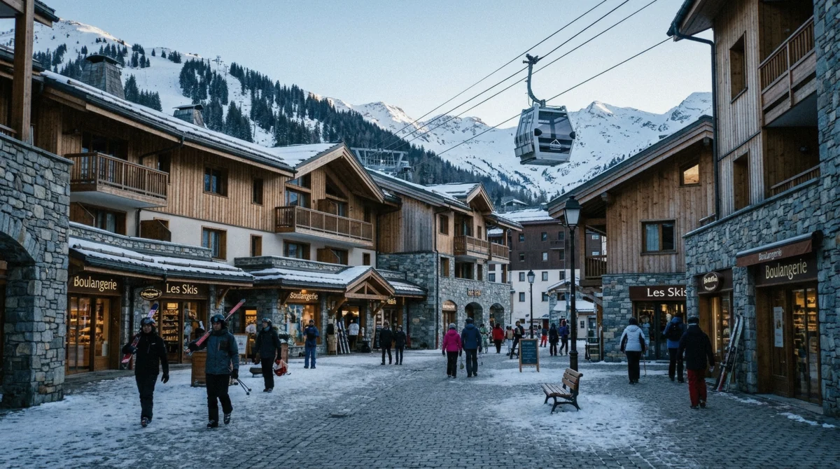 The Village at Mammoth pedestrian plaza and gondola station below Canyon Lodge, Mammoth Lakes, California
