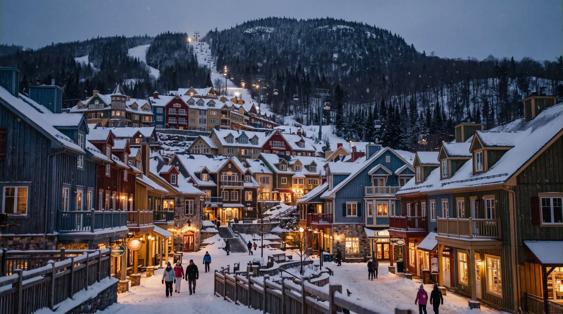 The Versant Sud above the pedestrian village at Mont-Tremblant, Quebec, where the ski-in ski-out hotels stand on Place Saint-Bernard