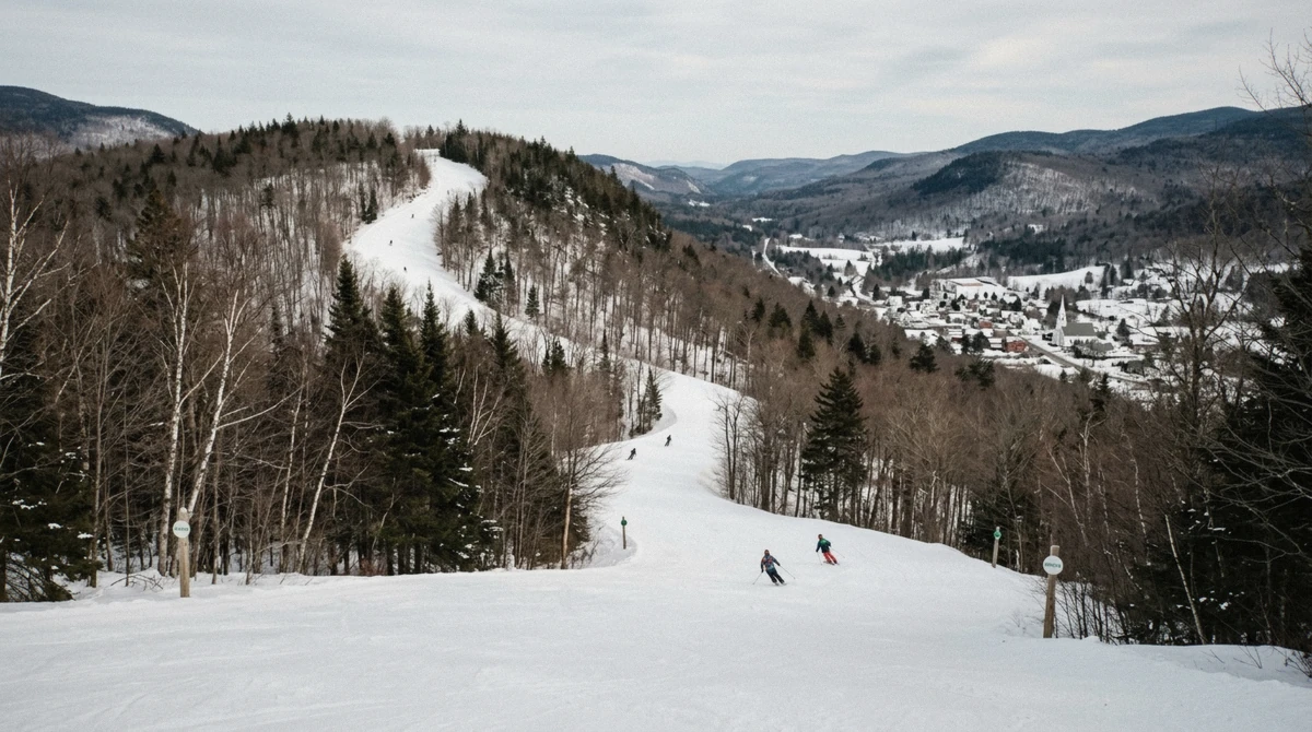 The green Nansen trail descending the Versant Sud toward the ski-in ski-out hotels in the Mont-Tremblant village, Quebec