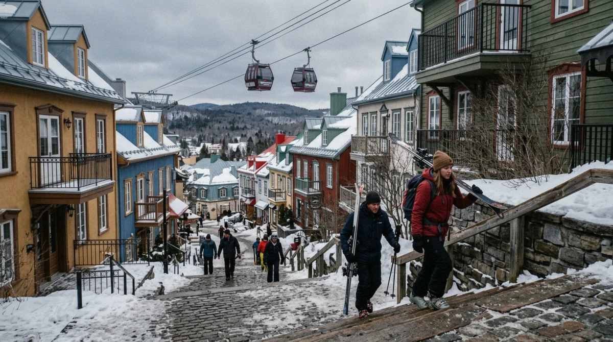 The pedestrian village stacked in tiers up the Versant Sud below the ski-in ski-out hotels of Mont-Tremblant, Quebec
