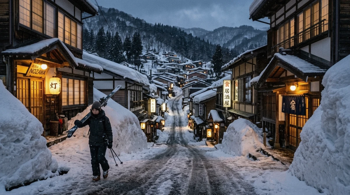 The tiers of Hirafu village climbing the hill above Grand Hirafu, where the ski-in ski-out hotels in Niseko cluster