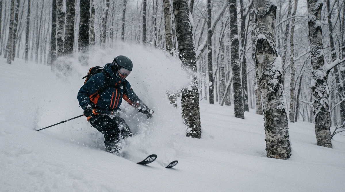 Deep dry powder in the birch trees above Grand Hirafu, the snowfall that draws skiers to ski-in ski-out hotels in Niseko