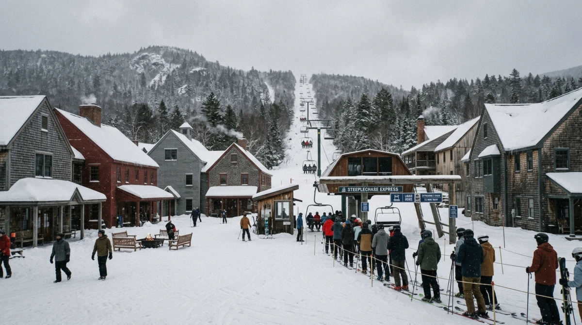 The Jackson Gore village at Okemo, Vermont, the purpose-built north-side base where the resort's only ski-in ski-out hotel stands