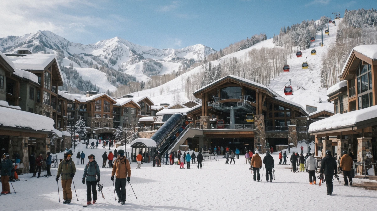 The gondola plaza at Canyons Village, the biggest cluster of ski-in ski-out hotels in Park City, Utah