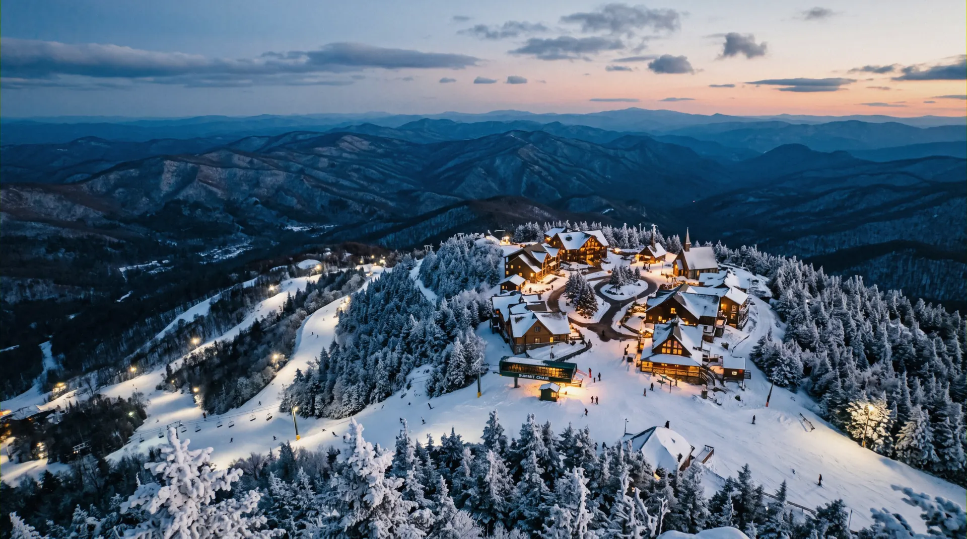 Snowshoe Mountain, West Virginia, seen from the 4,848 ft summit ridge where the village and the ski-in ski-out lodging at Snowshoe sit above the trails