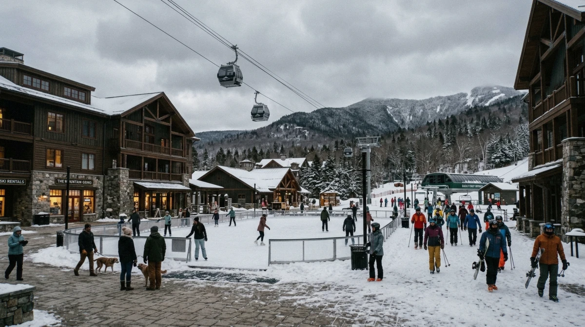 The Spruce Peak base village at Stowe, Vermont, the resort's only slopeside ski-in ski-out lodging pod