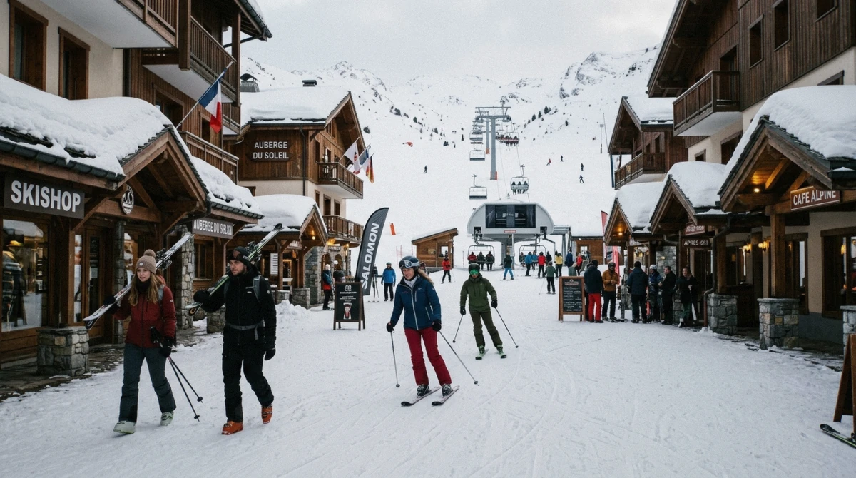 The snow-covered main street of Sun Peaks village between the Sundance and Sunburst lift bases, British Columbia