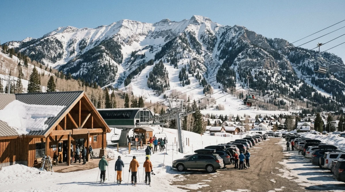 Bald Mountain rising straight from the edge of Ketchum, Idaho, where no ski-in ski-out hotel exists at either the River Run or Warm Springs base