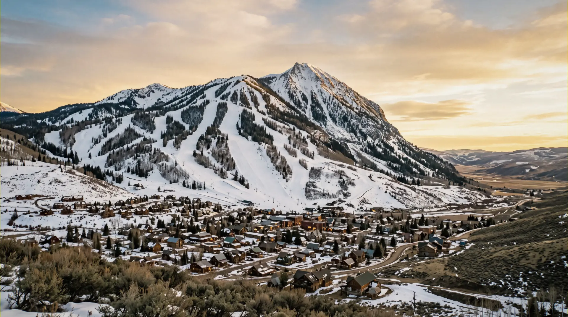 Bald Mountain above the town of Ketchum, Idaho, the real mountain behind every ski-in ski-out lodging search at Sun Valley