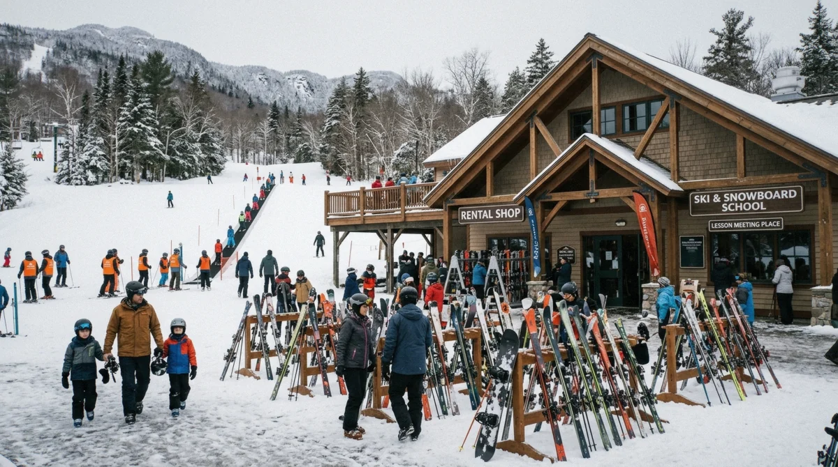 The South Ridge base area at Sunday River, Maine, with the beginner surface lifts and learning terrain below the lodge