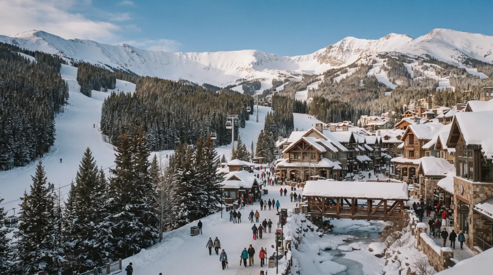 Vail Village under snow with the gondola line climbing behind it, the pedestrian base of the ski-in ski-out hotels in Vail, Colorado