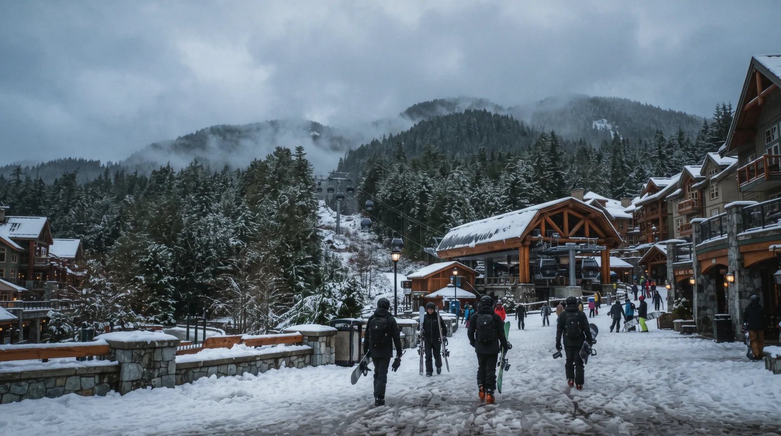 The Whistler gondola base under heavy Pacific snow, where the ski-in ski-out hotels in Whistler village sit