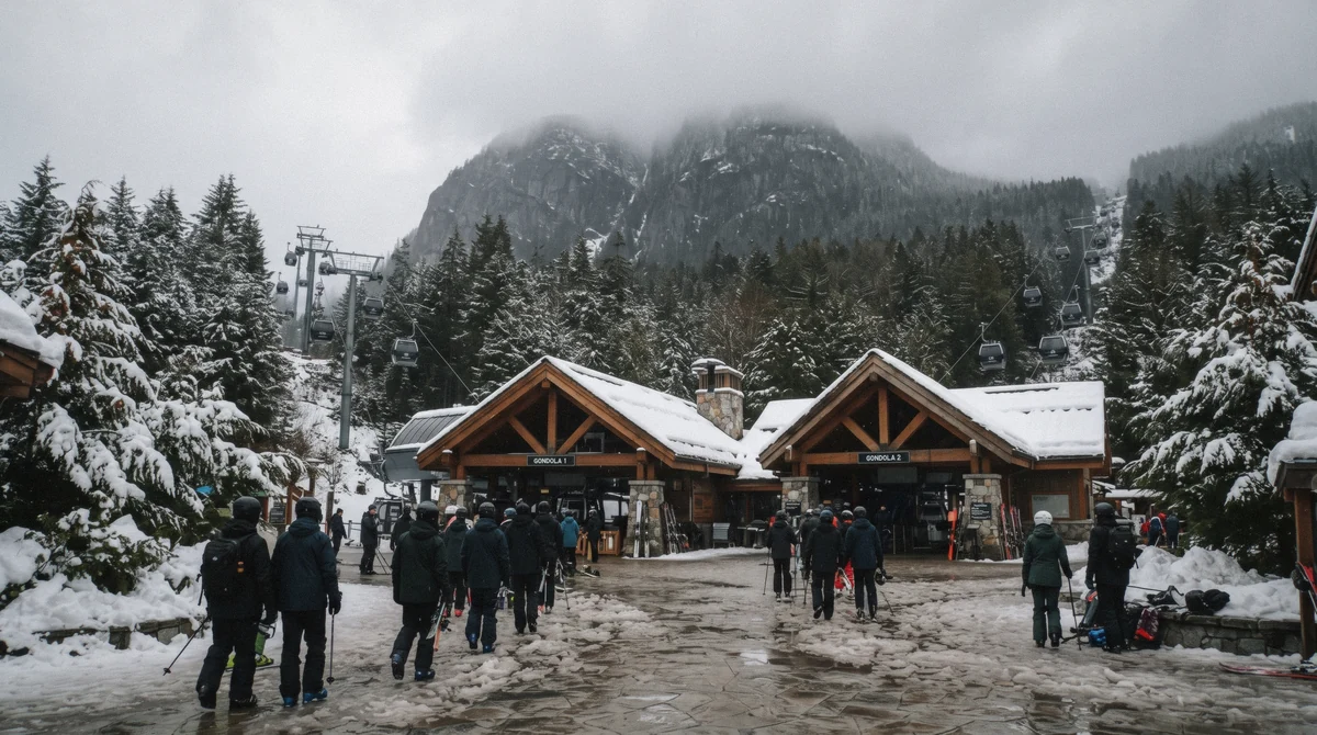 Two gondola base stations on Skiers Plaza in Whistler Village, where the ski-in ski-out hotels in Whistler sit