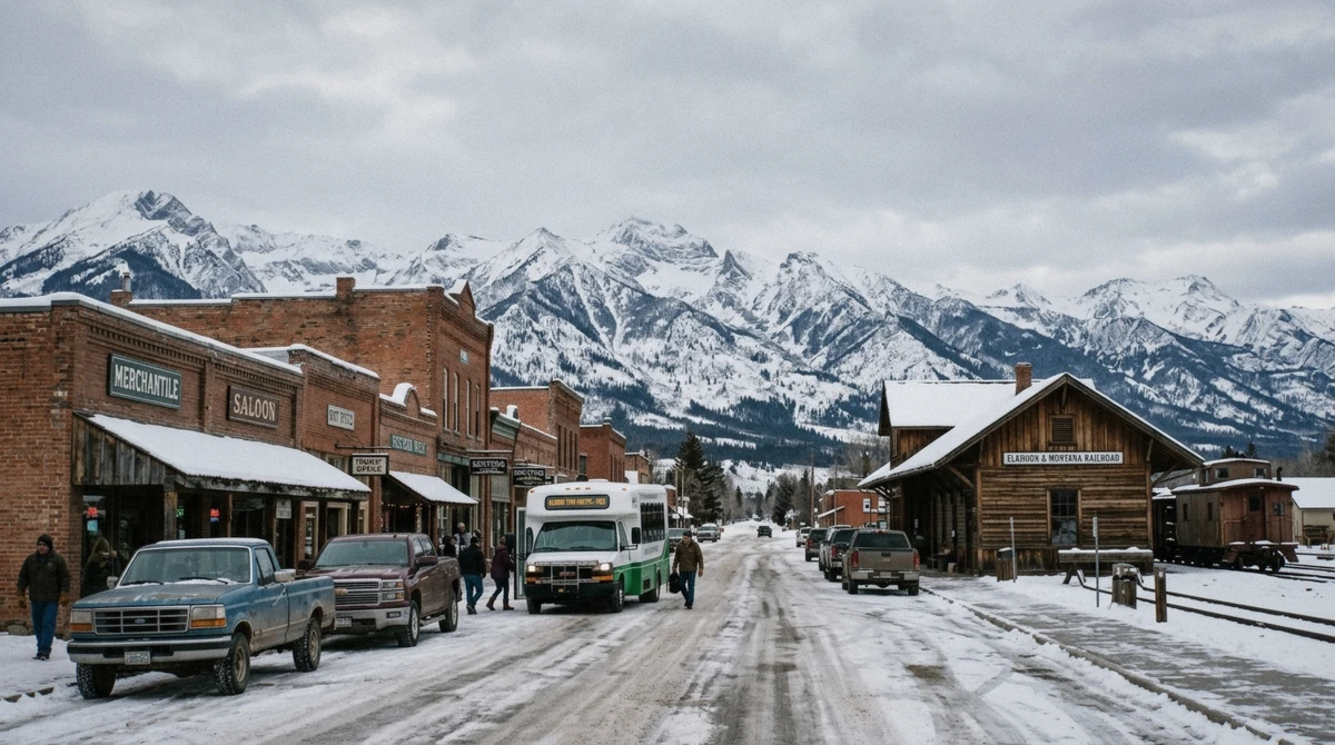Downtown Whitefish, Montana with its historic railway depot, eight miles below the ski-in ski-out lodging at Whitefish Mountain Resort