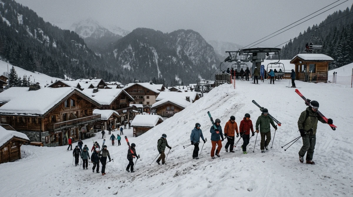 The base village at Whitefish Mountain Resort sitting below its lift plaza, where the ski-in ski-out lodging in Whitefish, Montana is really ski-in walk-out