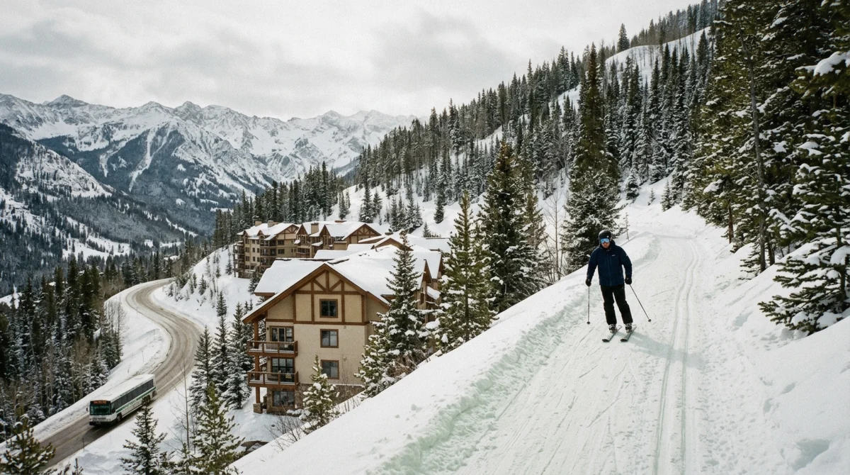 The Corridor Trail cat-track below Mary Jane at Winter Park, Colorado, the access for the ski-in ski-out lodging cluster there
